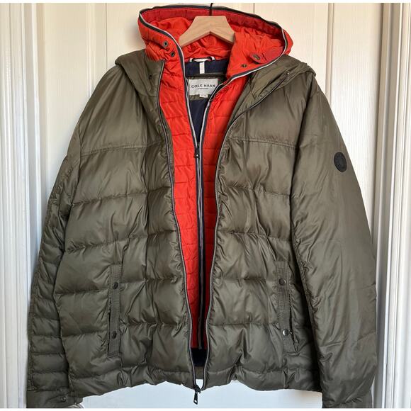 Cole Haan Signature Down Puffer Jacket XL Olive Green with Orange Lining Hooded - Picture 1 of 7